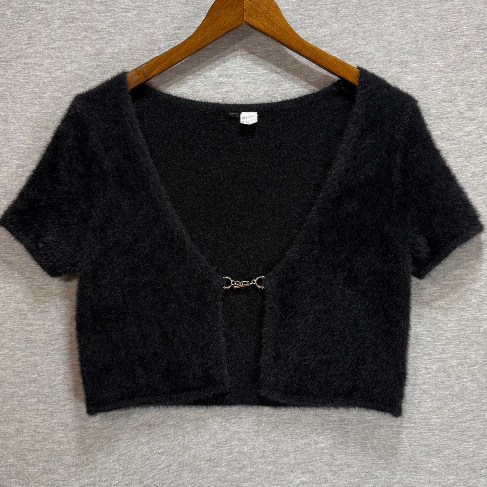 Unbranded Cropped Cardigan Womens S Black Fuzzy Toggle Clasp Short Sleeve Goth